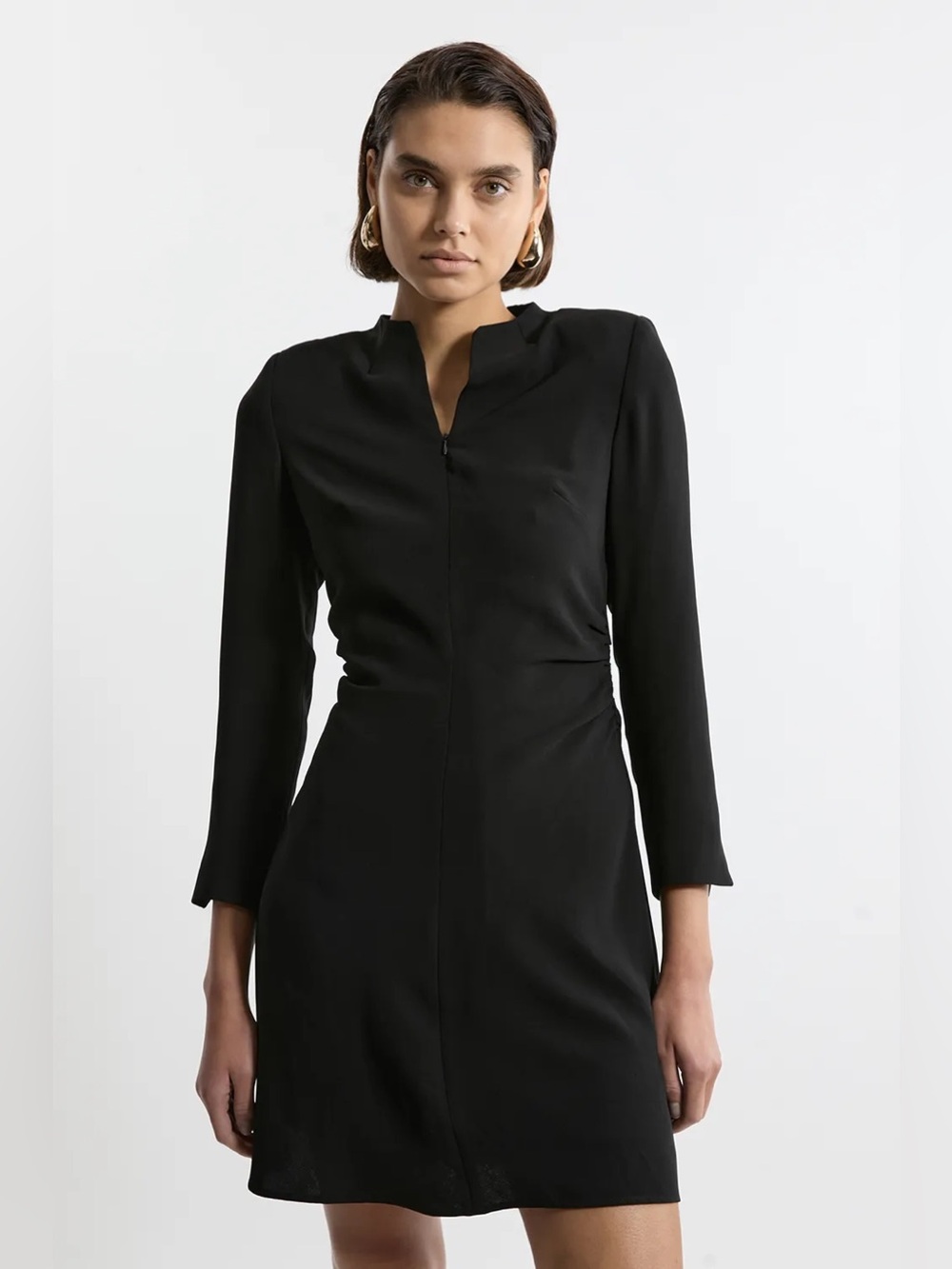 NEW Karen Millen Soft Ruched Waist Black Long-Sleeve Sheath Mini Dress Size 6